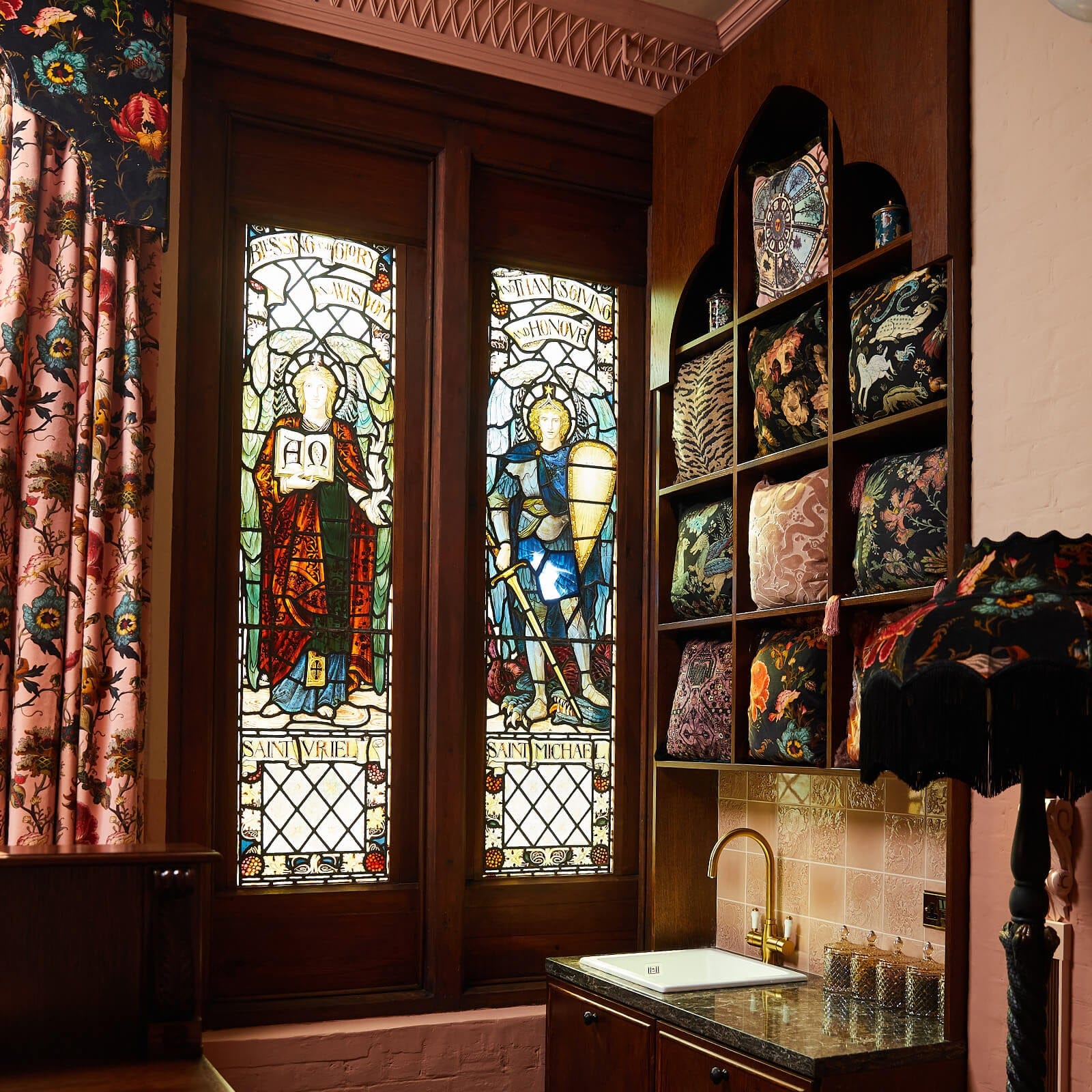 Stained glass doors and patterned wall at the House of Hackney showroom in St Michael's Clergy House.