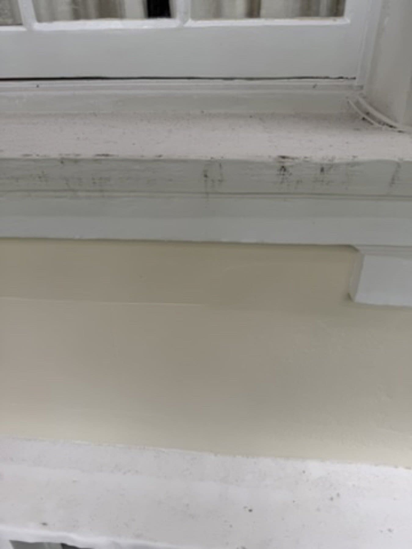 Close view of a white stucco cornice on St George's Square, with scaffold beside the moulding.