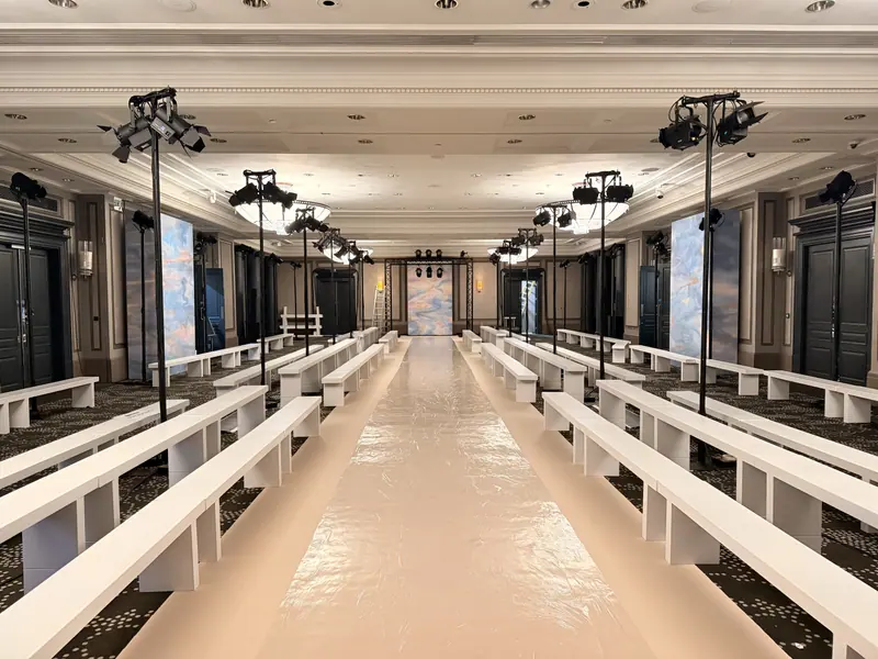 The runway set at Rosewood London, ready for the show.
