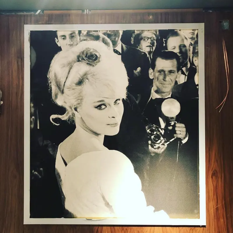 Framed black-and-white film-star mural panel on timber panelling, Everyman cinema, Liverpool.