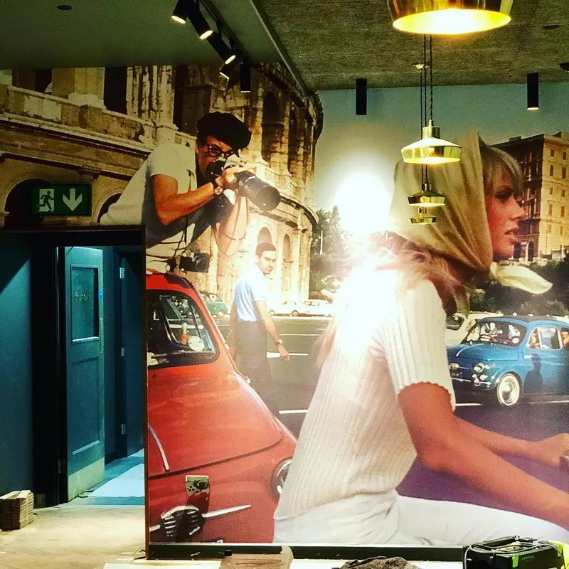 Colour digital-print mural of a classic Italian street scene in the Everyman cinema bar, Liverpool.