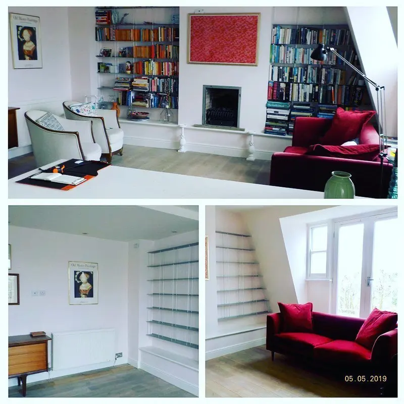 Collage of a private residence in Little Venice: floral wallpaper, a white kitchen and a red sofa.