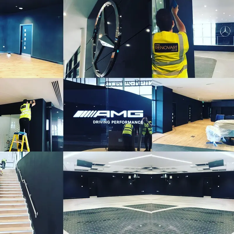 Collage from the works at the Mercedes-AMG showroom, London: black matt walls, AMG signage and our installers at work.