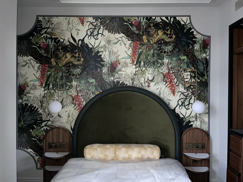 Sample room at Hyde London City with a Timorous Beasties Tropical Clouded Leopard panel behind the bed.