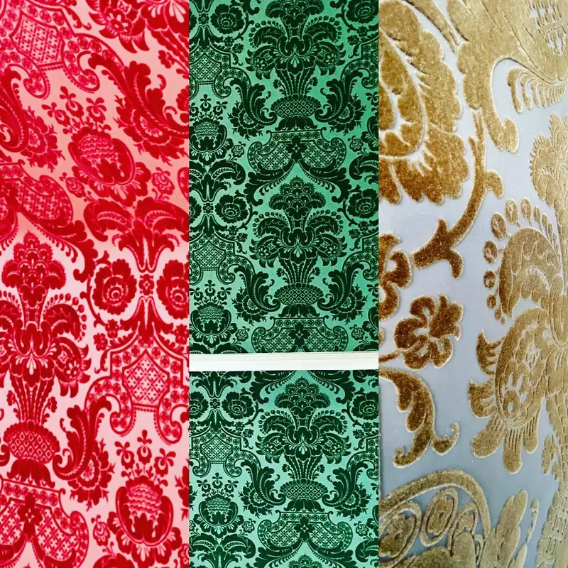 Velvet flock wallpaper samples in red, green and gold, Pendley Manor Hotel, Tring.
