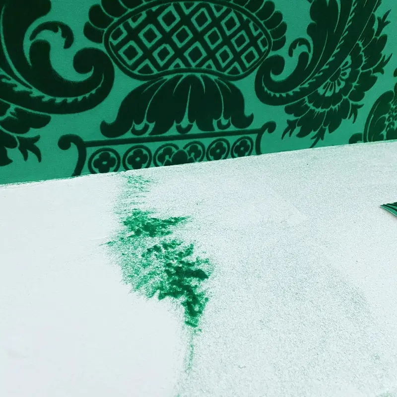 Detail of green flock wallpaper with a white ceiling, Pendley Manor Hotel, Tring.