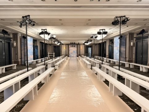The runway set at Rosewood London, ready for the show.