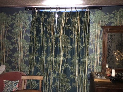 Bambusa Midnight wallpaper with matching curtains.