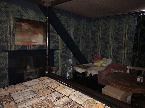Fireplace wall and beam, with Bambusa wallpaper cut around the period joinery.