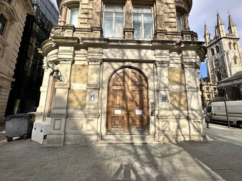 Carved stone entrance doorway at 15 Old Bailey.