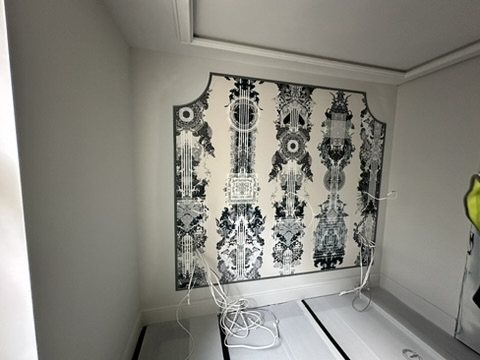 Timorous Beasties Totem Damask feature wall in a guest room.