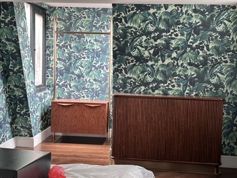 Limerence wallpaper meeting joinery in the suite.