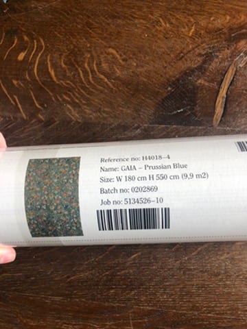 Roll label for House of Hackney GAIA wallpaper in Prussian Blue, delivered to the Castle of Trematon.