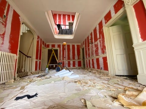 Atrium at the Castle of Trematon stripped and lined before papering.
